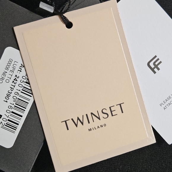 TWINSET MILANO MOCK NECK FEATHER SHORT SLEEVE BLACK SHIRT SIZE SMALL - Picture 11 of 15